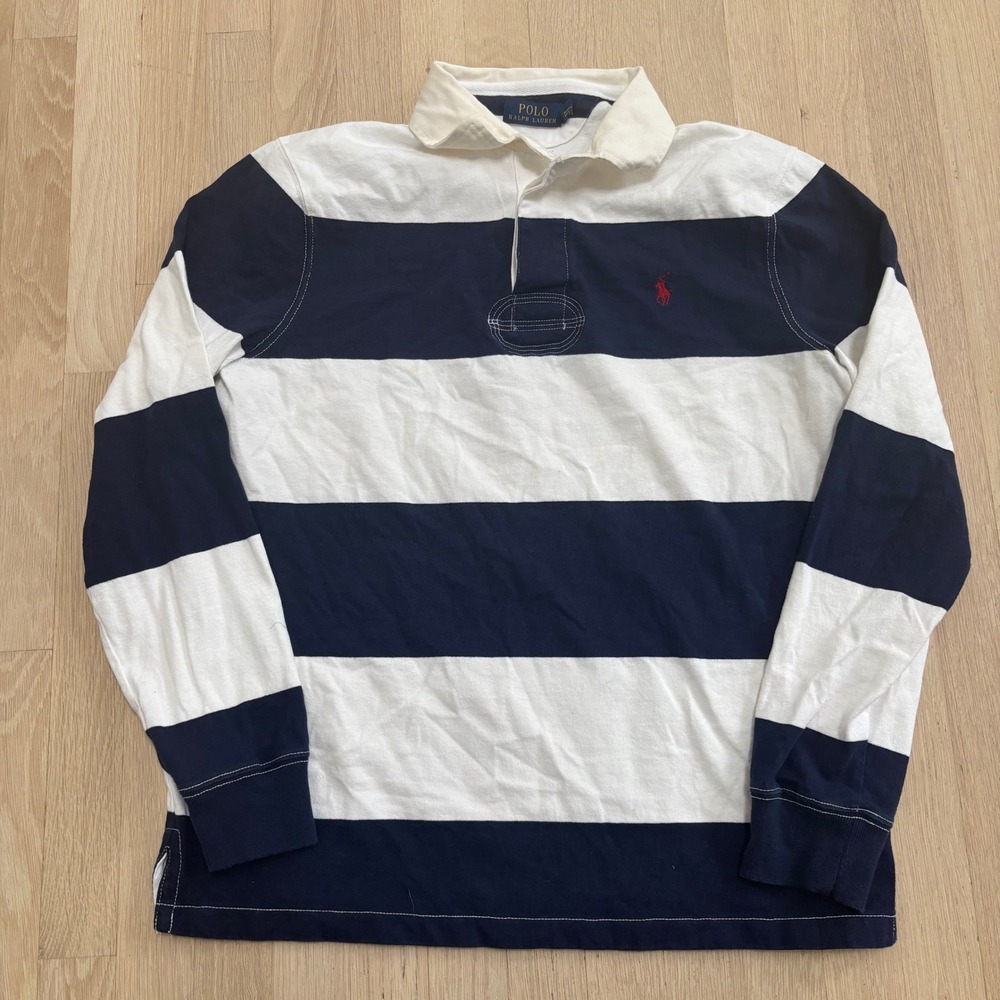 Polo Ralph Lauren Rugby Shirt Mens L Navy White Striped Good Used Classic Fit